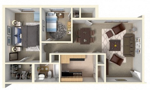 Floor plan for 2 beds, 1 bath, 950 sqft